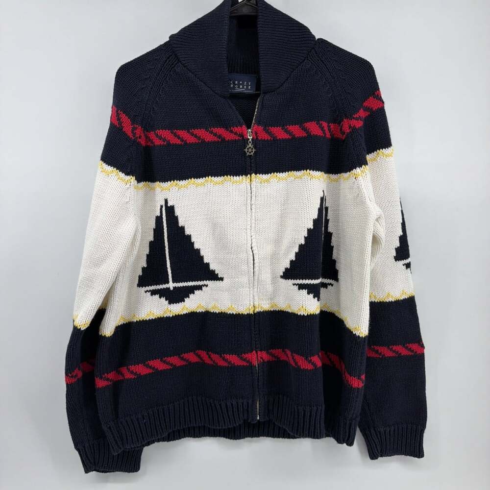 Crazy Horse Women's Zip Front Graphic Knit Sweater SZ XL Navy Blue Sailboat